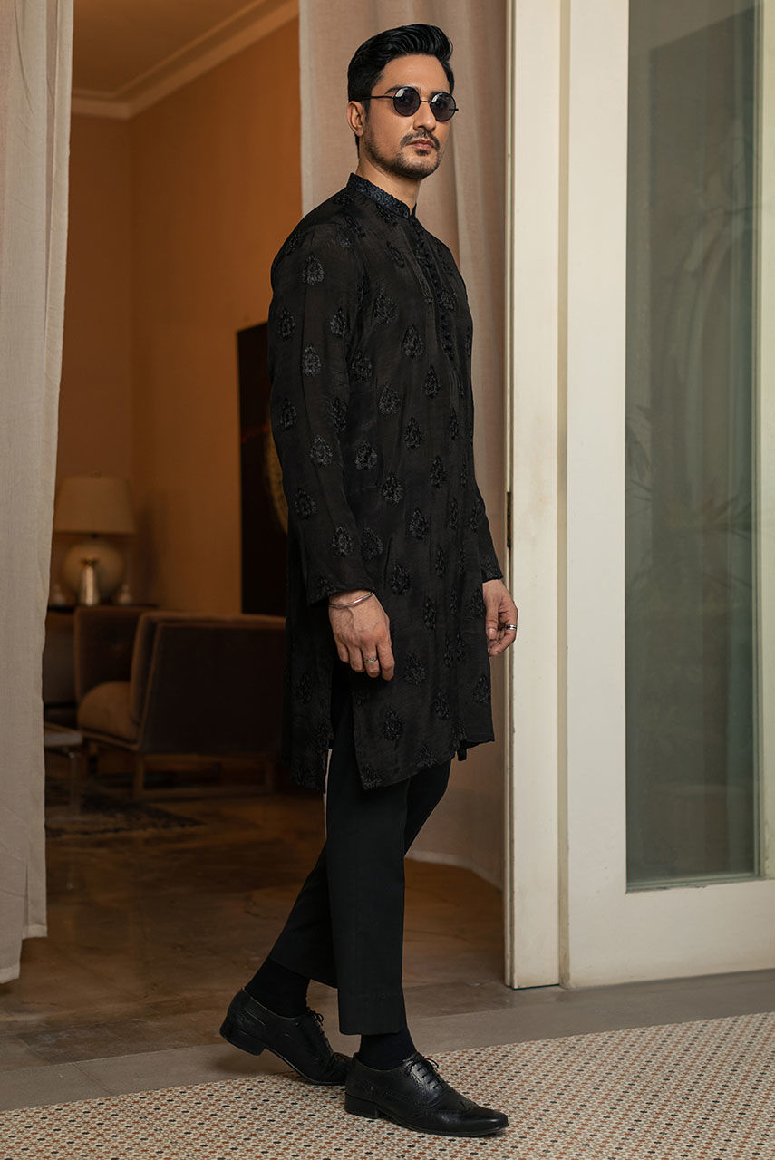 Black Hand Embroidered Cotton Raw Silk Kurta (2-Piece) - Image 3
