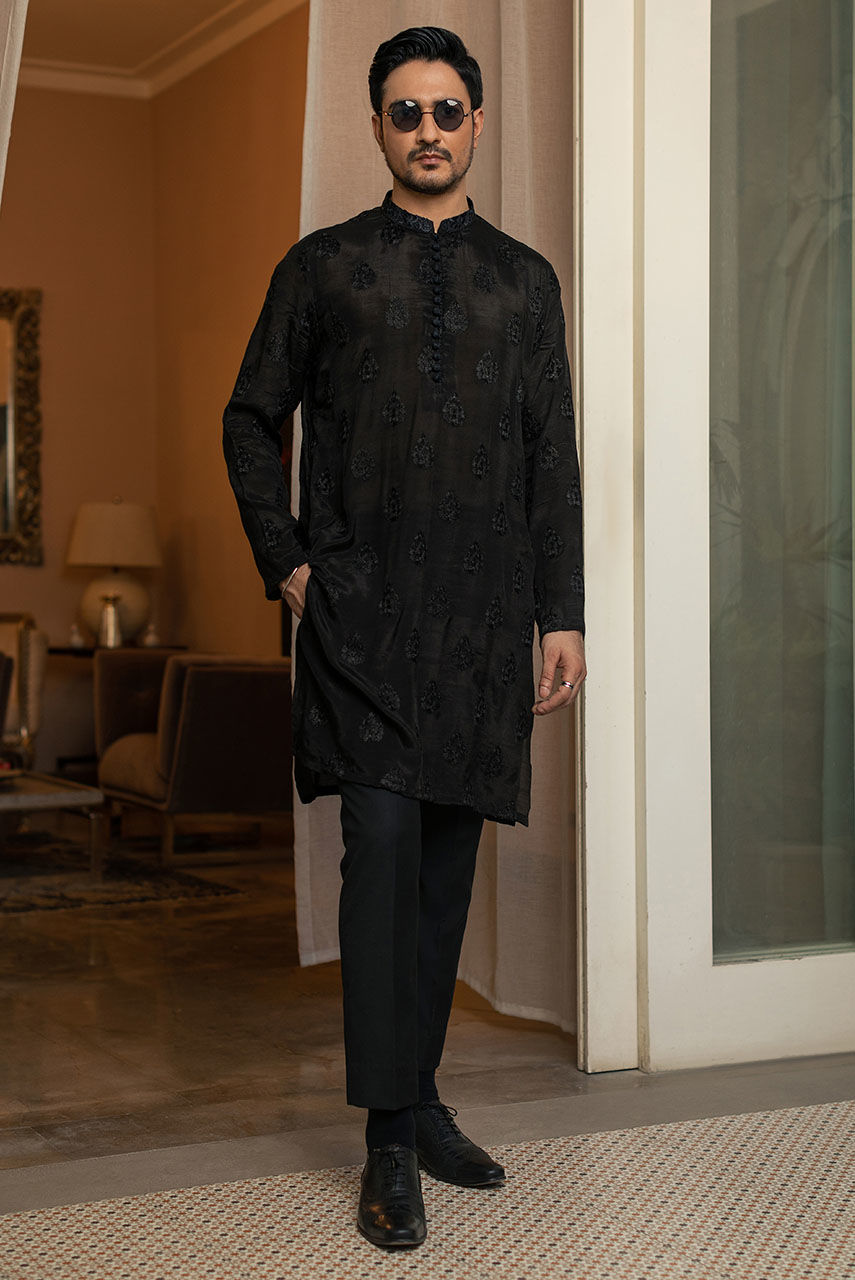 Black Hand Embroidered Cotton Raw Silk Kurta (2-Piece) - Image 4