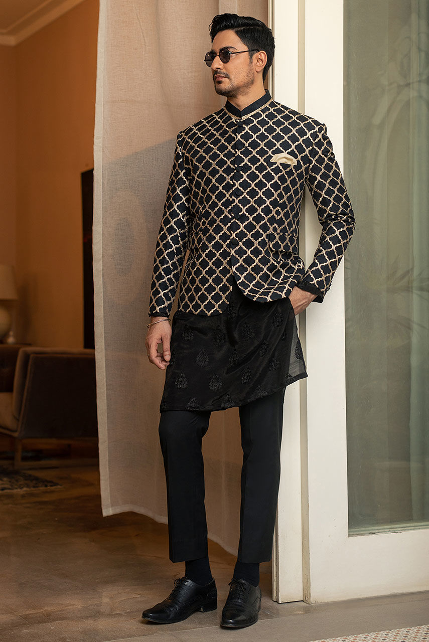 Black Hand Embroidered Cotton Raw Silk Kurta (2-Piece) - Image 5