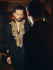 Black Gold Embroidered Cotton-Silk Kurta (2-Piece) - Image 2