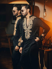 Black Gold Embroidered Cotton-Silk Kurta (2-Piece) - Image 3