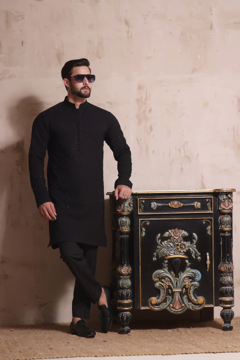Black Hand-Embroidered Cotton-Silk Kurta (2-Piece) - Image 1