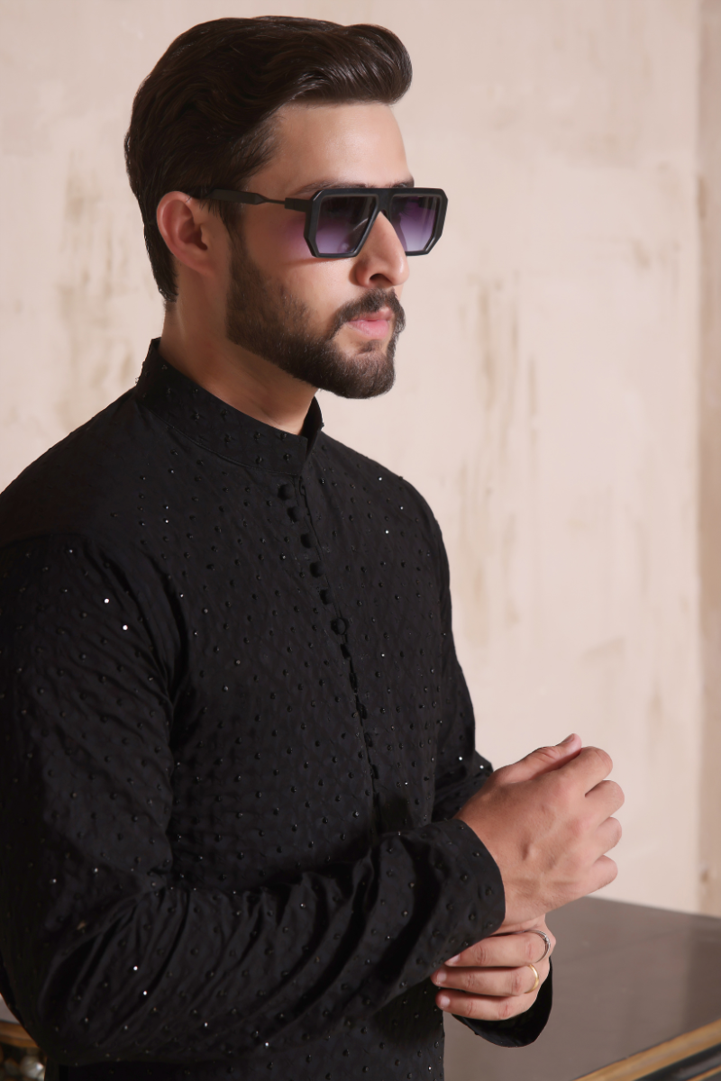 Black Hand-Embroidered Cotton-Silk Kurta (2-Piece) - Image 2