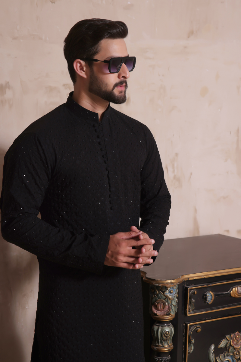 Black Hand-Embroidered Cotton-Silk Kurta (2-Piece) - Image 3