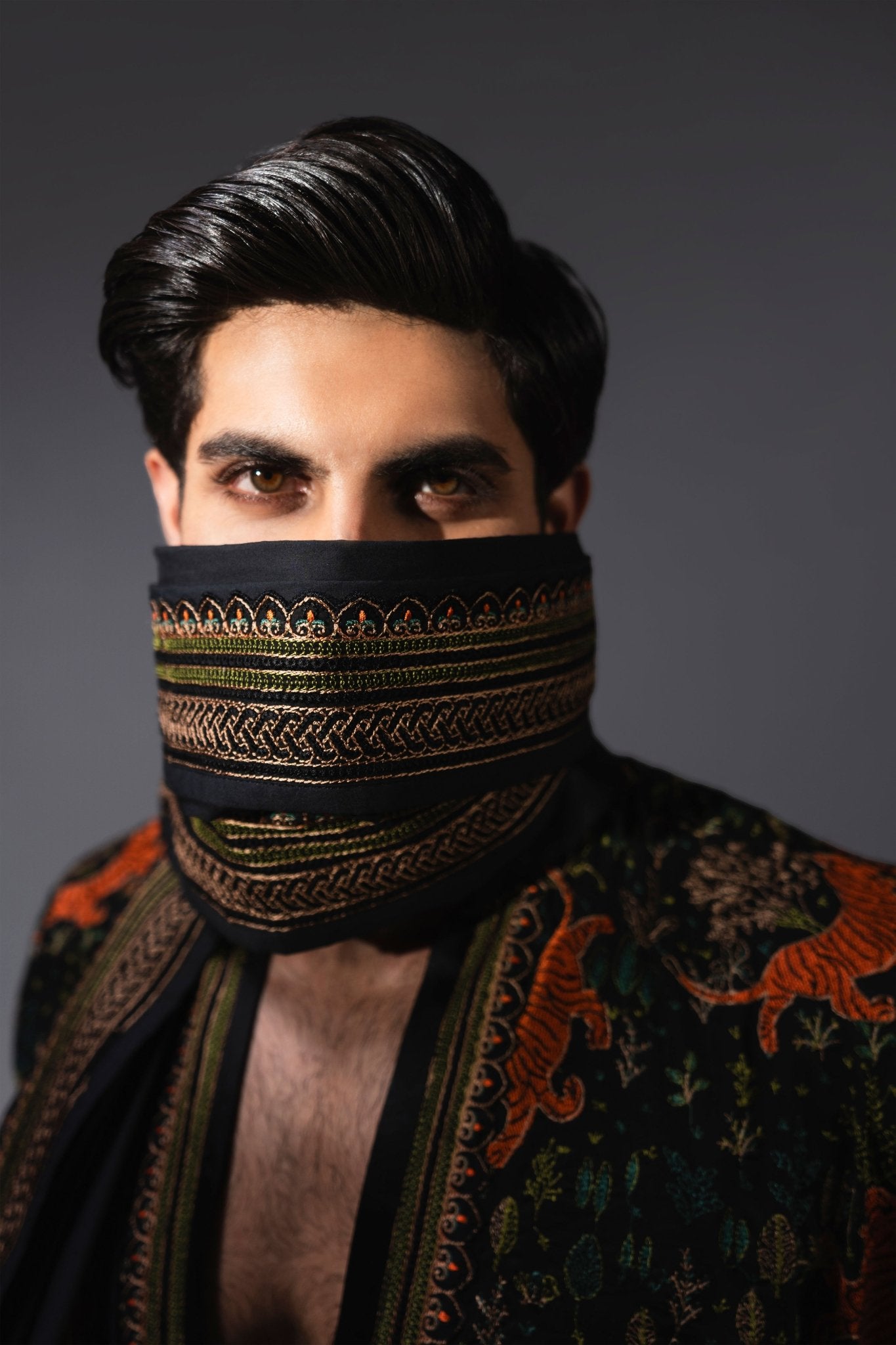 Black Embroidered Cotton Kurta Set (3-Piece) - Image 3