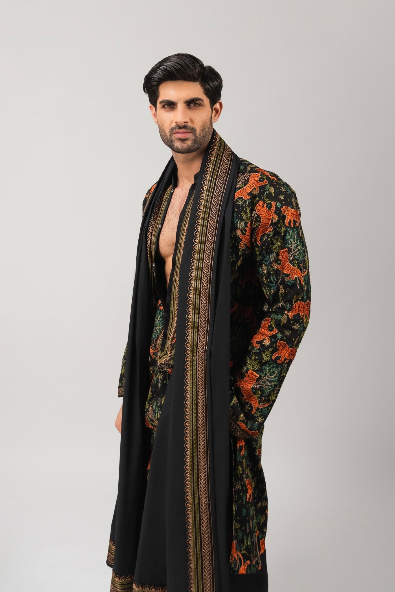 Black Embroidered Cotton Kurta Set (3-Piece) - Image 5