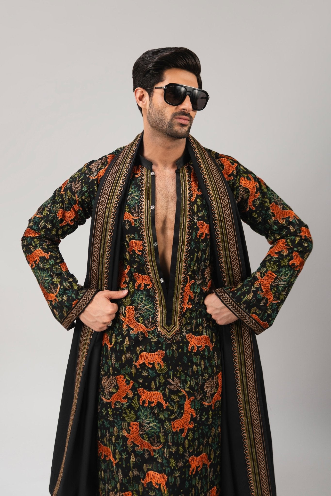 Black Embroidered Cotton Kurta Set (3-Piece) - Image 6