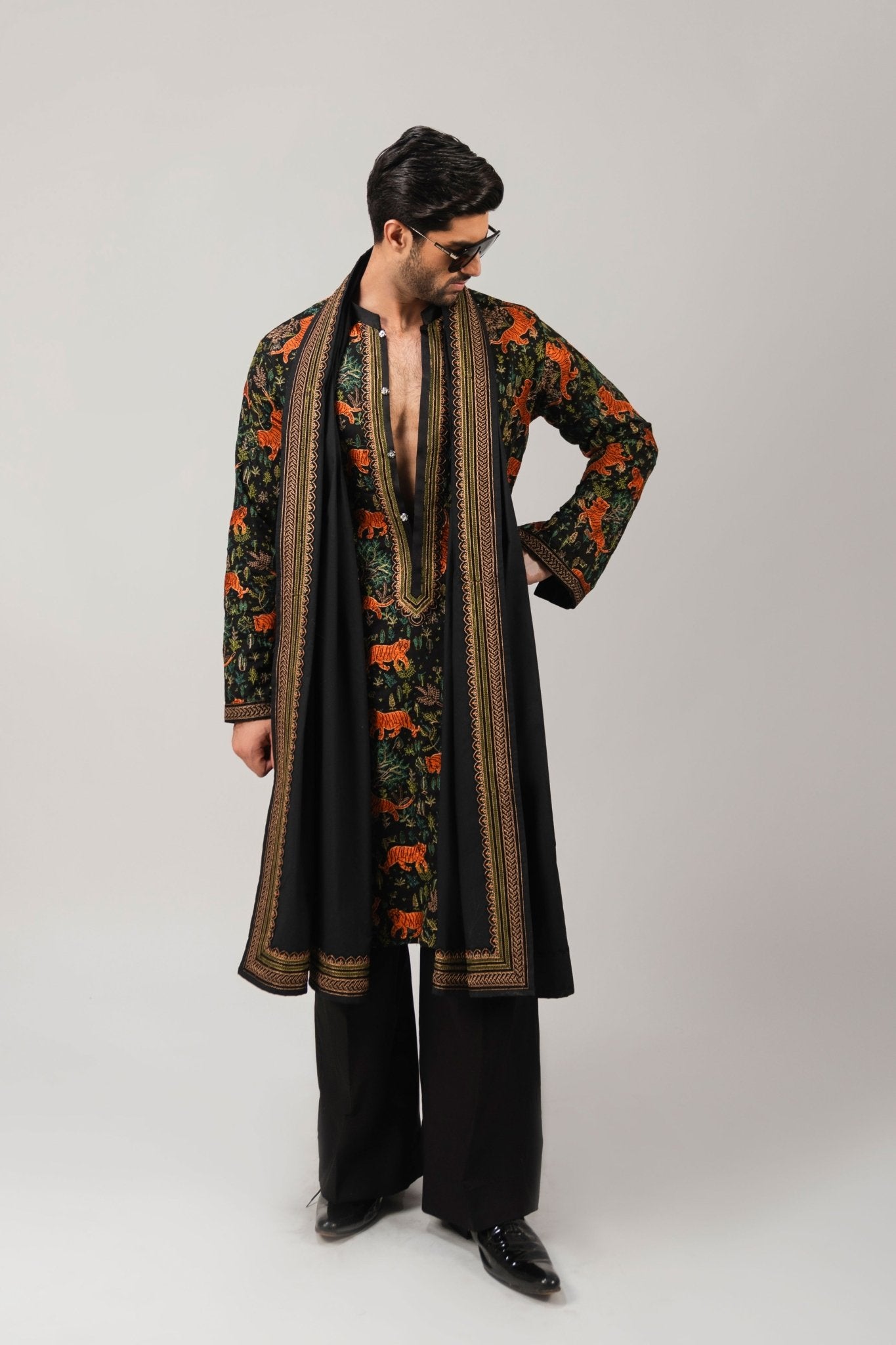 Black Embroidered Cotton Kurta Set (3-Piece) - Image 7