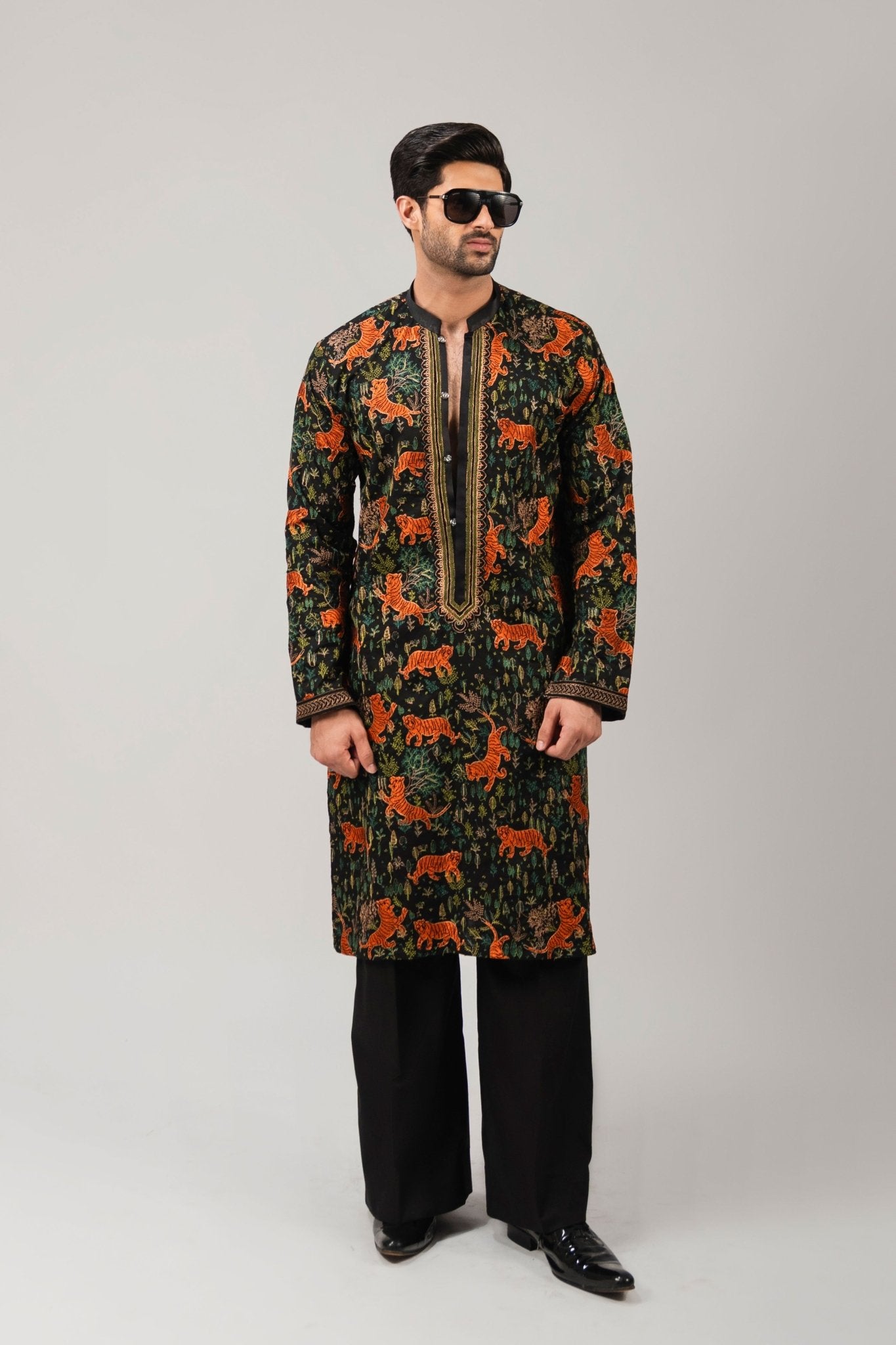 Black Embroidered Cotton Kurta Set (3-Piece) - Image 9