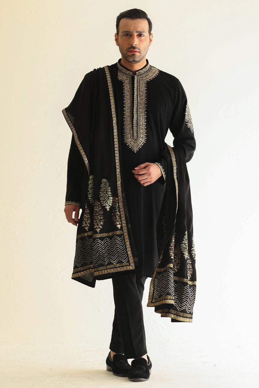 Black Embroidered Georgette Kurta (3-Piece) - Image 1