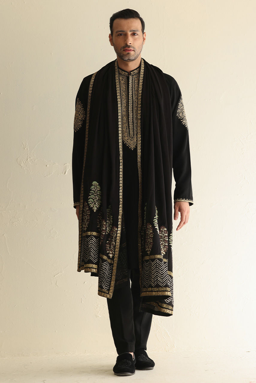 Black Embroidered Georgette Kurta (3-Piece) - Image 2