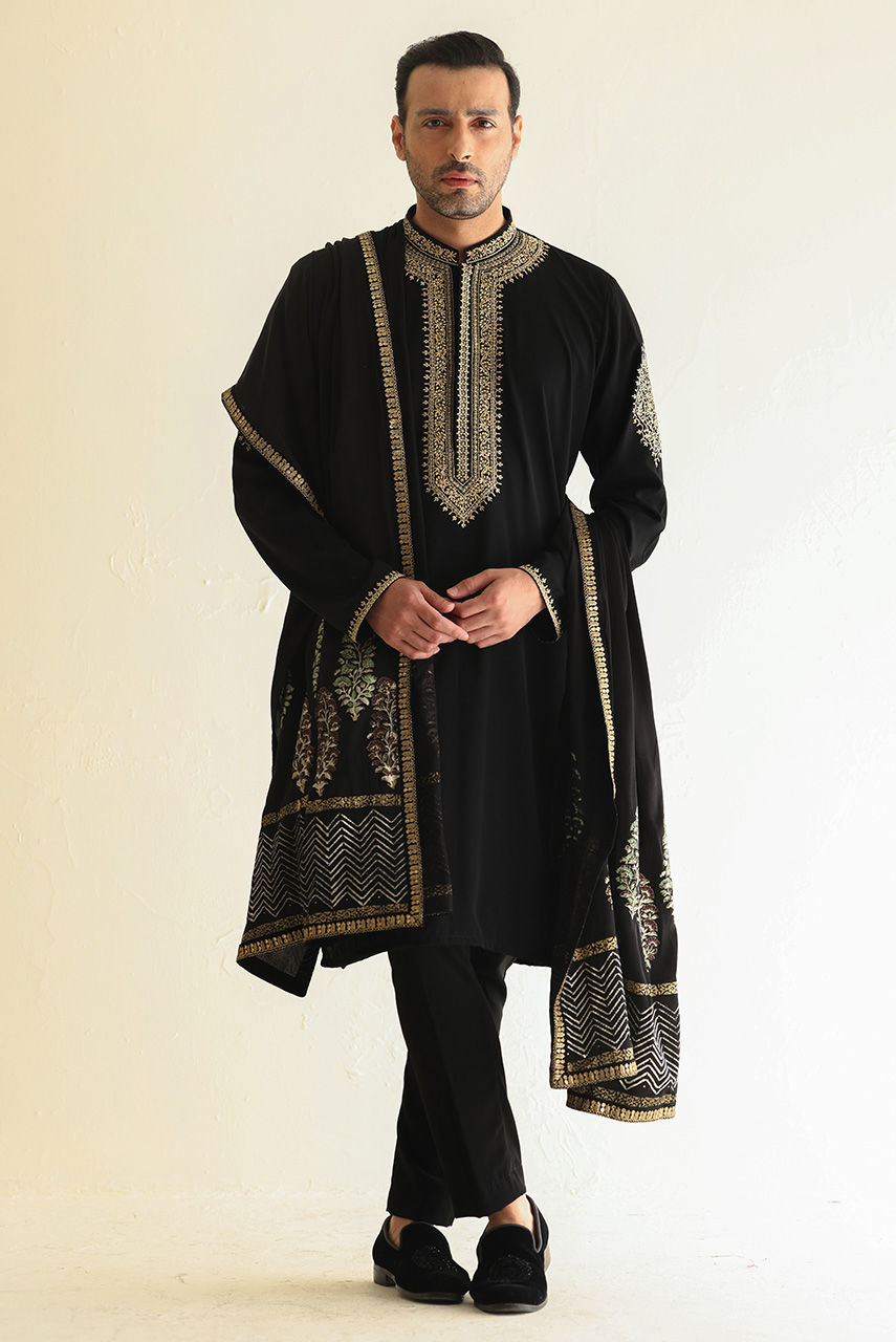 Black Embroidered Georgette Kurta (3-Piece) - Image 6