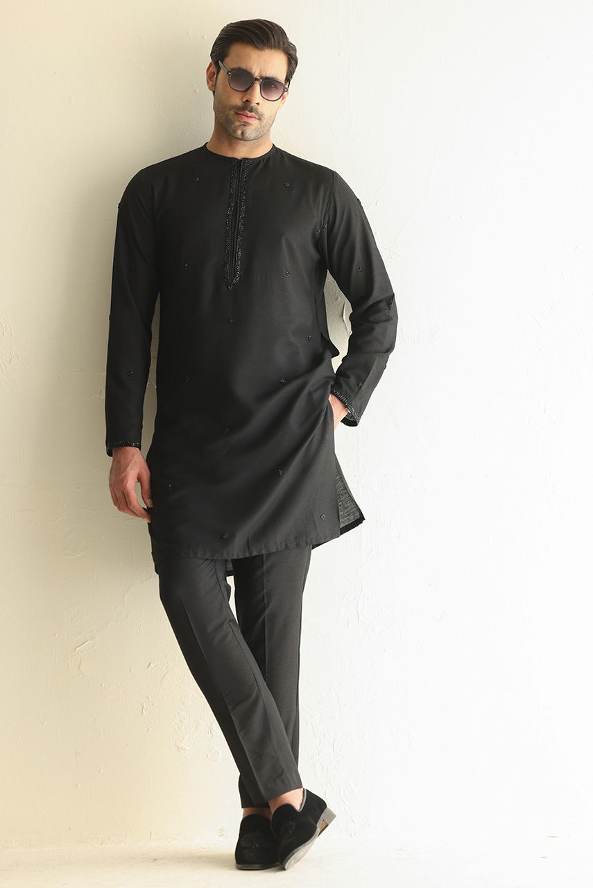 Black Hand-Embroidered Khaddi Silk Kurta (2-Piece) - Image 1