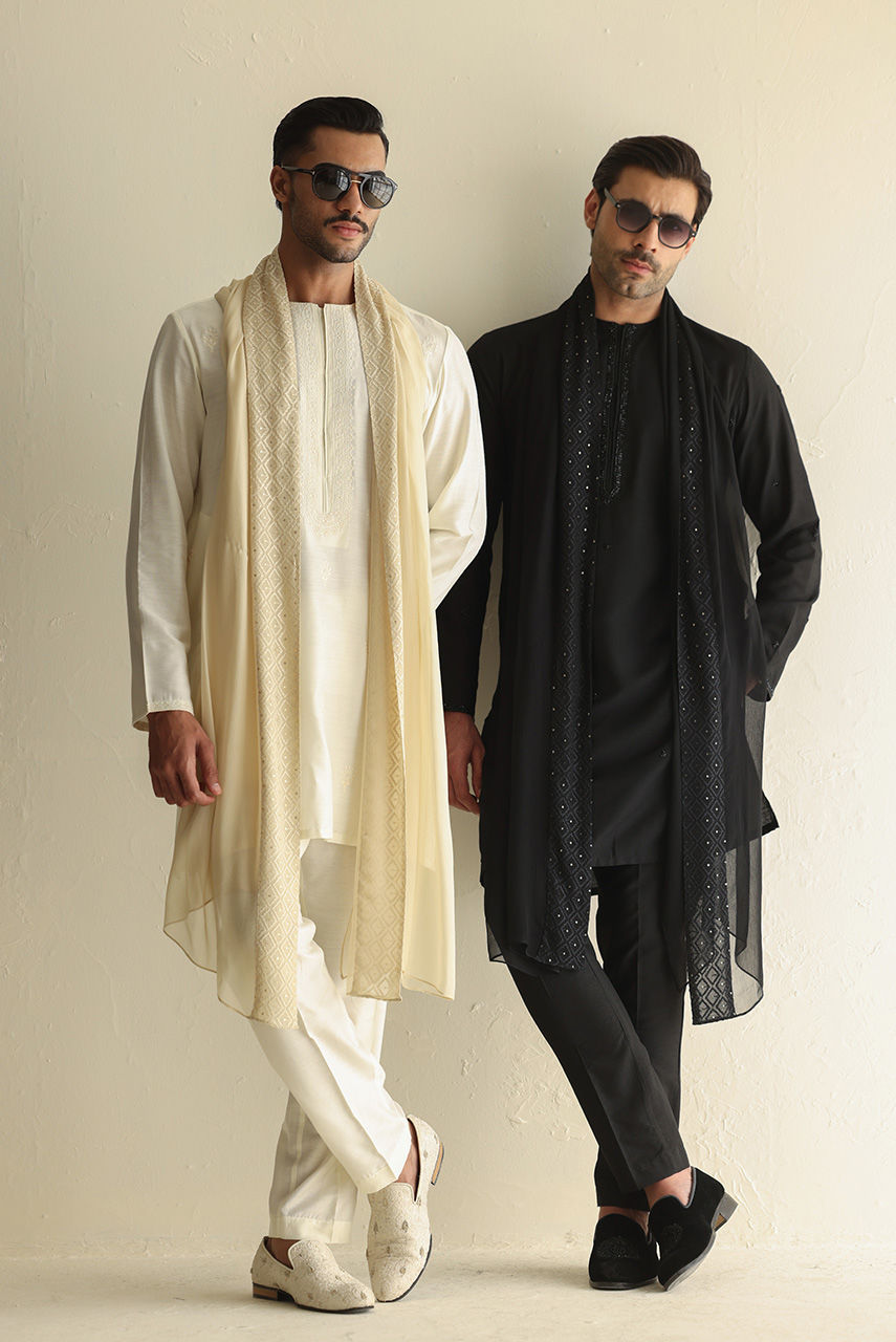 Black Hand-Embroidered Khaddi Silk Kurta (2-Piece) - Image 6