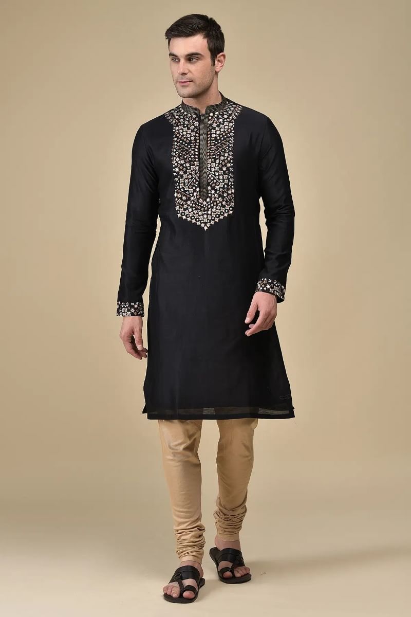 Black Abla & Resham Embroidered Silk Kurta (2-Piece) - Image 1