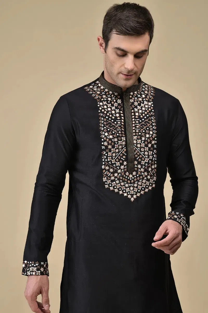 Black Abla & Resham Embroidered Silk Kurta (2-Piece) - Image 2