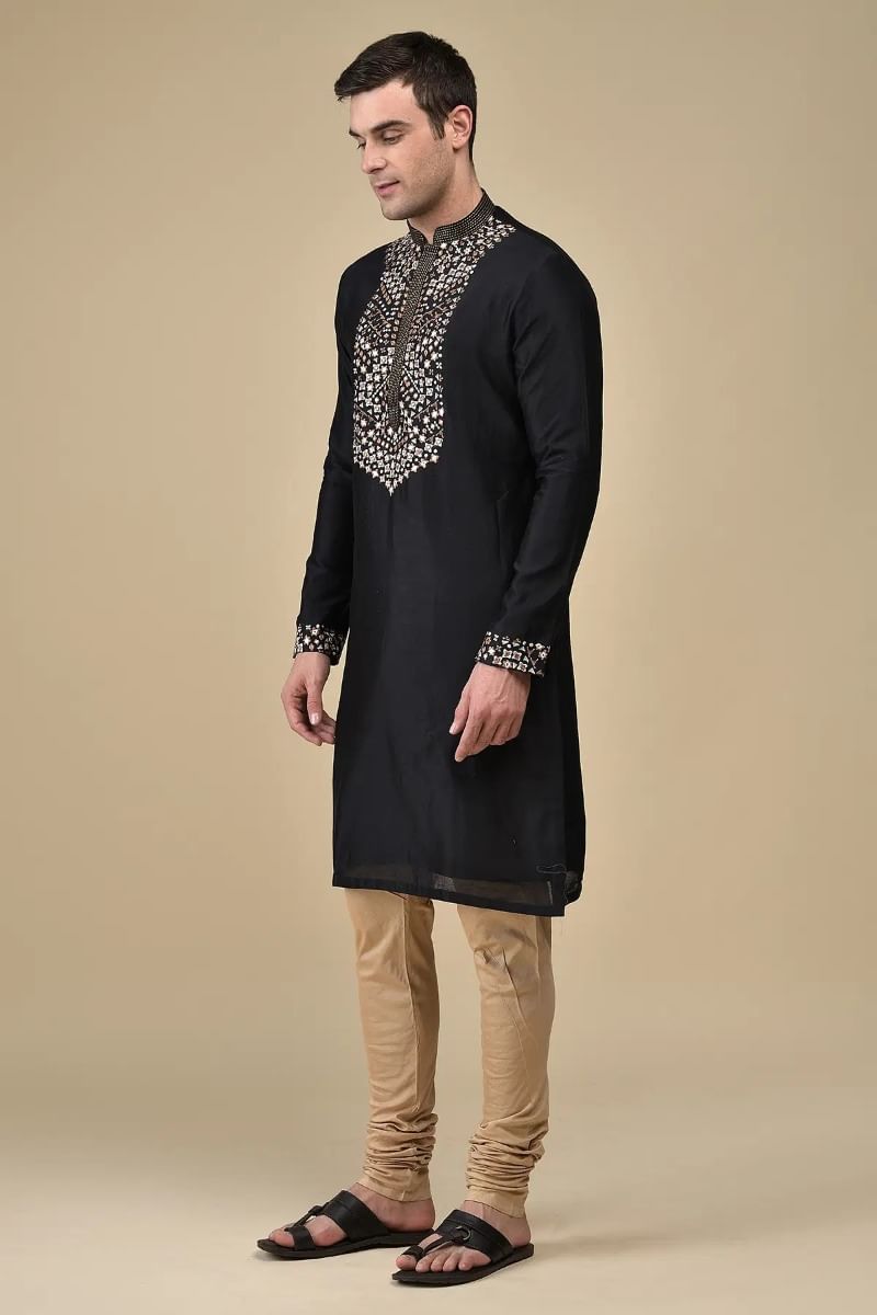 Black Abla & Resham Embroidered Silk Kurta (2-Piece) - Image 3