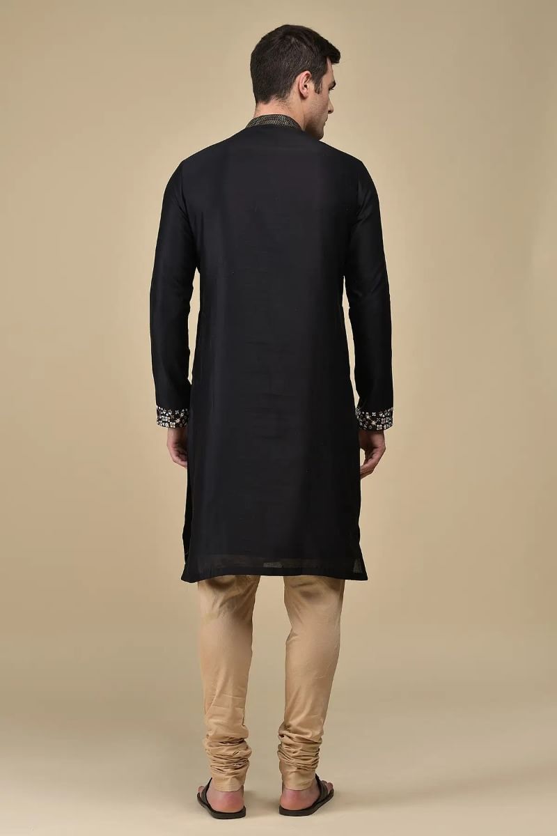 Black Abla & Resham Embroidered Silk Kurta (2-Piece) - Image 5