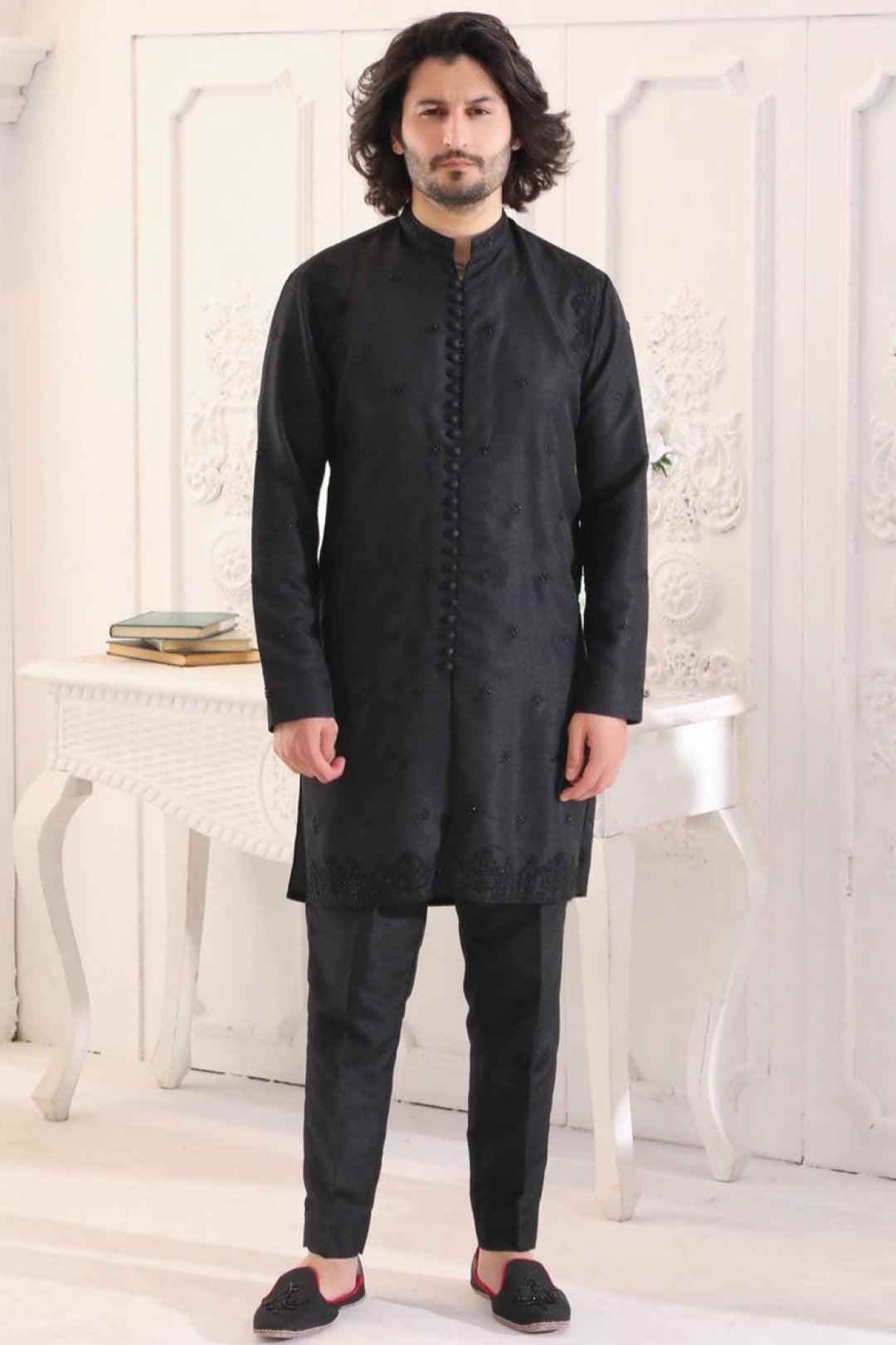 Black Adda Work Silk Sherwani-Style Kurta Set (2-Piece) - Image 1