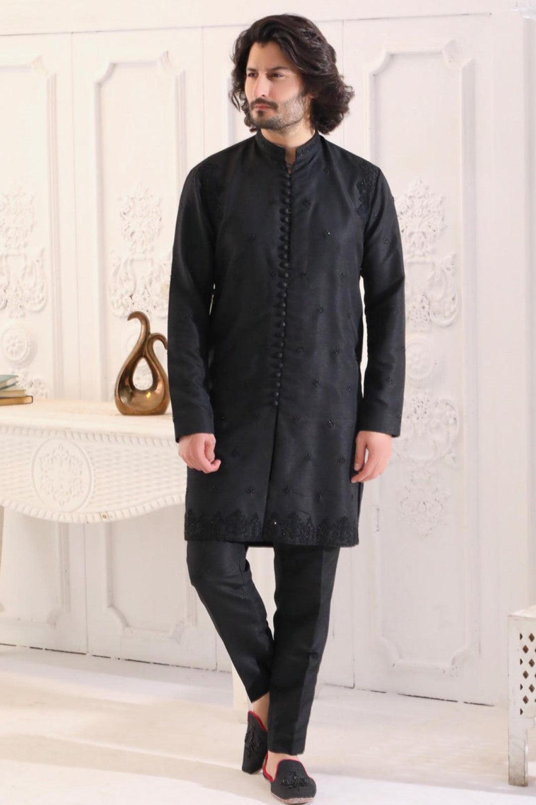 Black Adda Work Silk Sherwani-Style Kurta Set (2-Piece) - Image 2