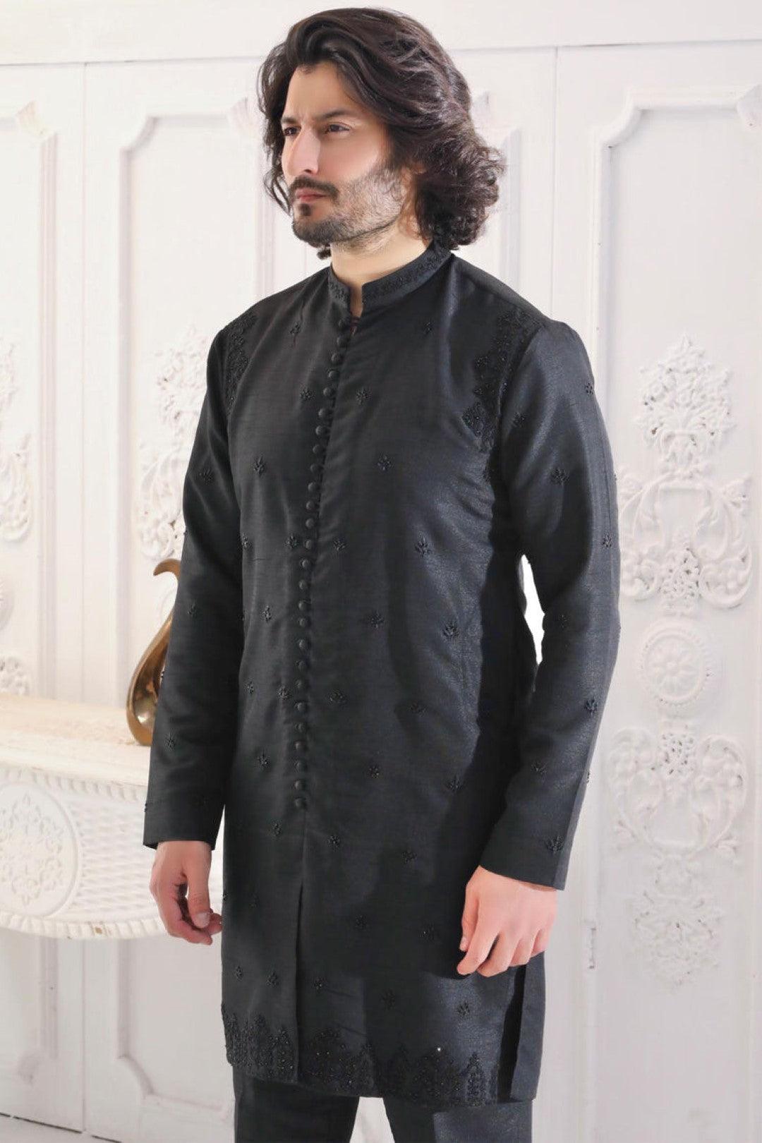Black Adda Work Silk Sherwani-Style Kurta Set (2-Piece) - Image 3