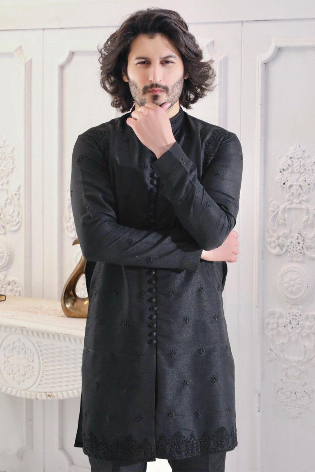 Black Adda Work Silk Sherwani-Style Kurta Set (2-Piece) - Image 4