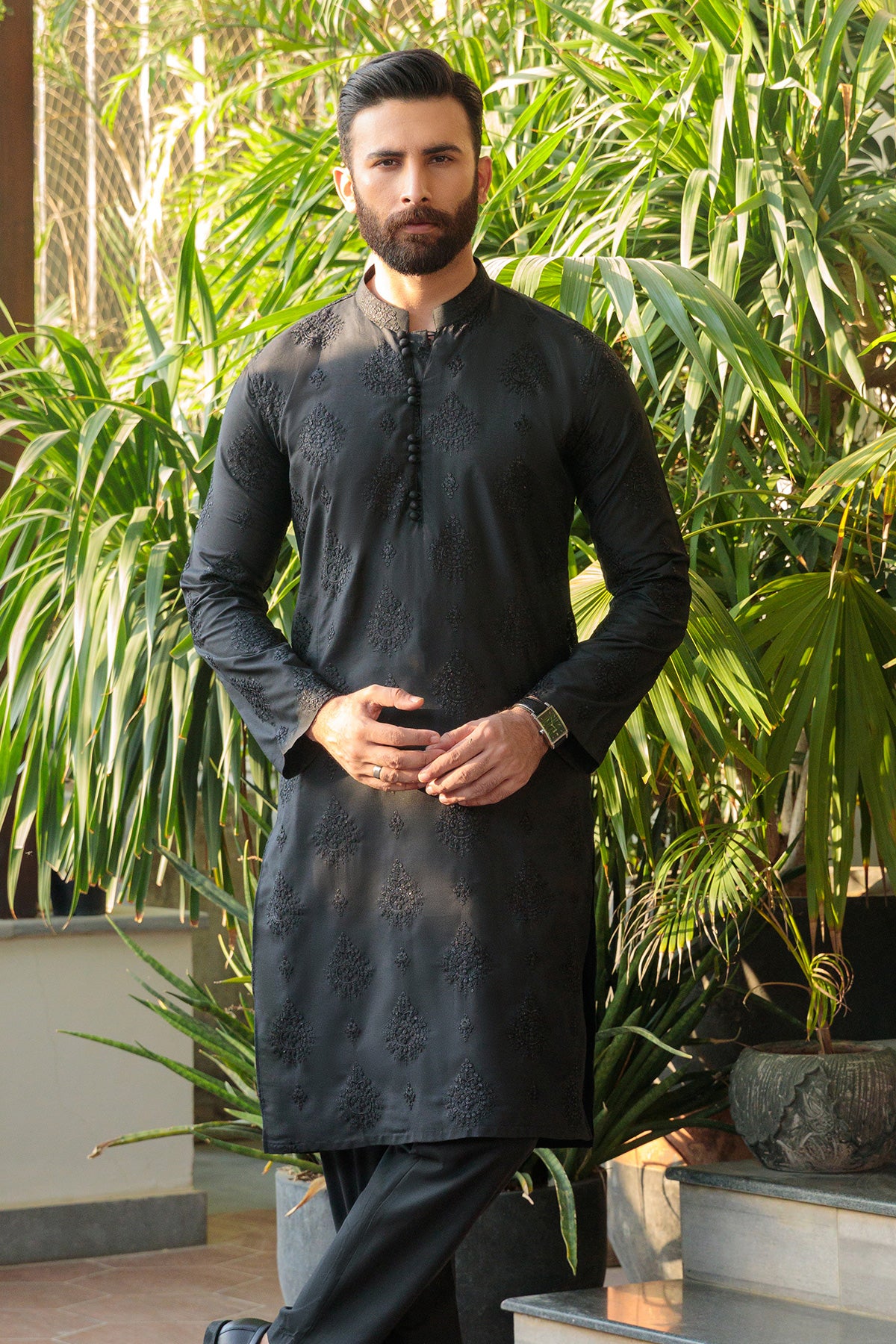 Black Embroidered Silk-Blend Kurta Set (2-Piece) - Image 2