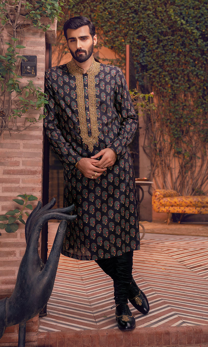 Black Gold Embroidered Silk-Blend Paisley Kurta (2-Piece) - Image 1