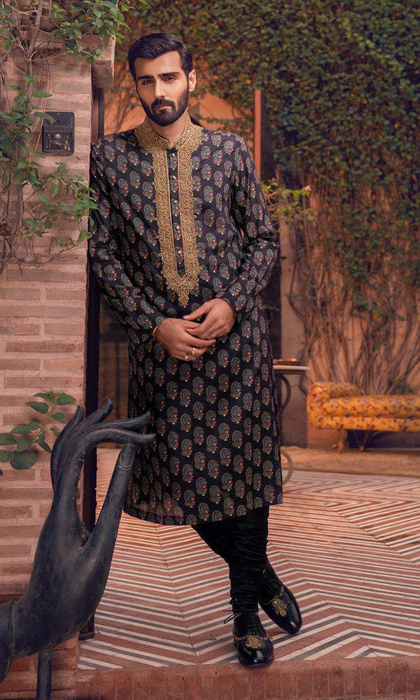Black Gold Embroidered Silk-Blend Paisley Kurta (2-Piece) - Image 2