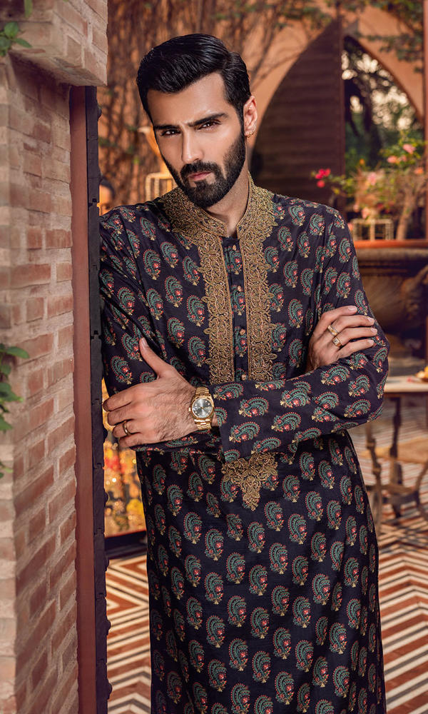Black Gold Embroidered Silk-Blend Paisley Kurta (2-Piece) - Image 3