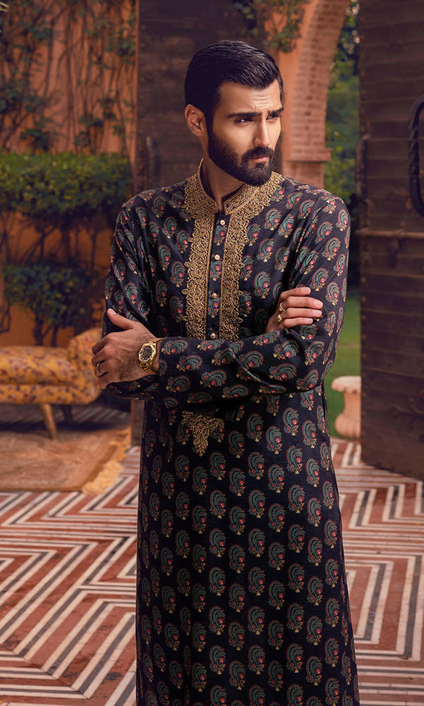 Black Gold Embroidered Silk-Blend Paisley Kurta (2-Piece) - Image 6