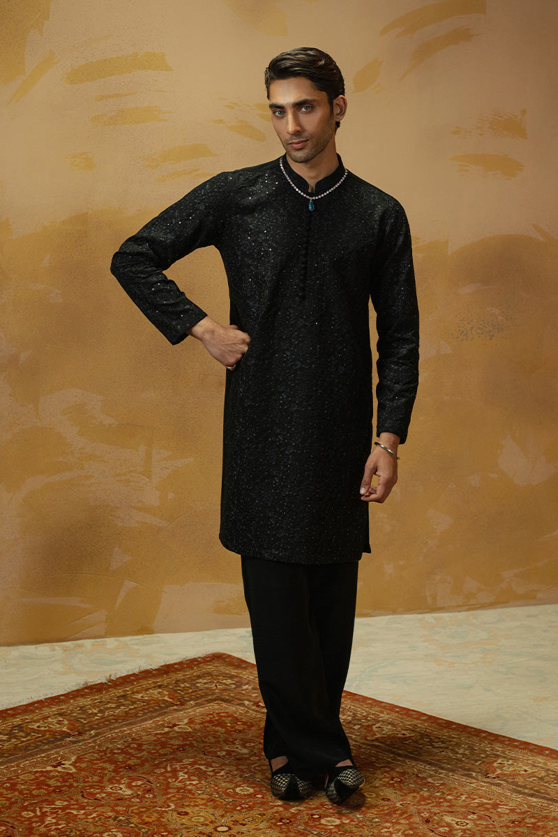 Black Embroidered Silk-Blend Kurta Pajama (2-Piece) - Image 1
