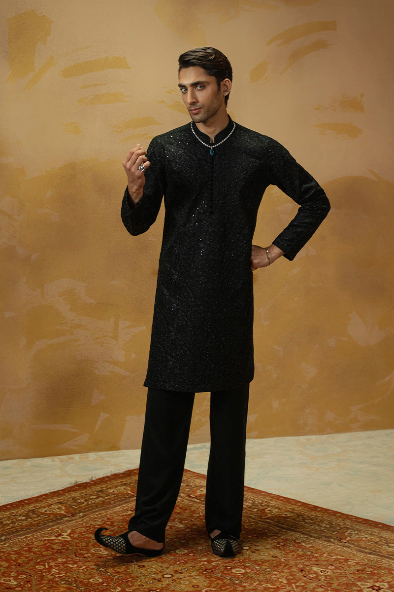 Black Embroidered Silk-Blend Kurta Pajama (2-Piece) - Image 11