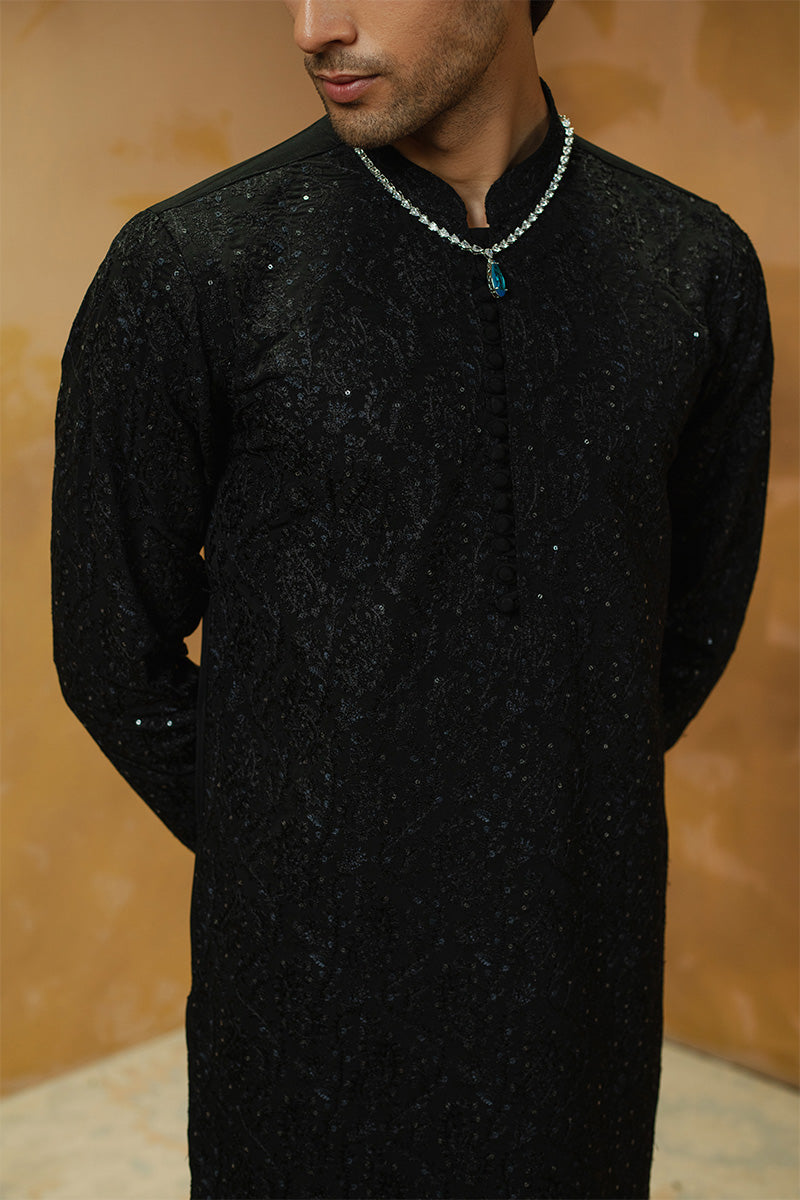 Black Embroidered Silk-Blend Kurta Pajama (2-Piece) - Image 2