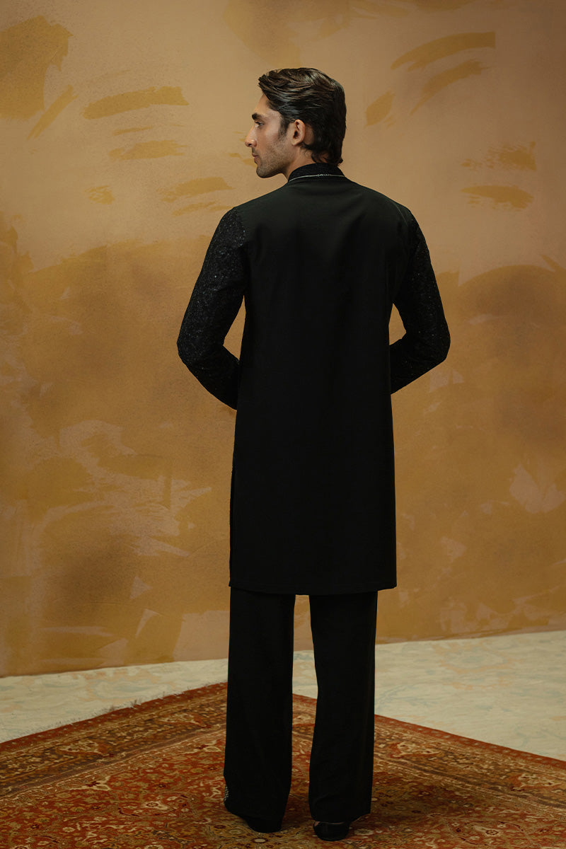 Black Embroidered Silk-Blend Kurta Pajama (2-Piece) - Image 4