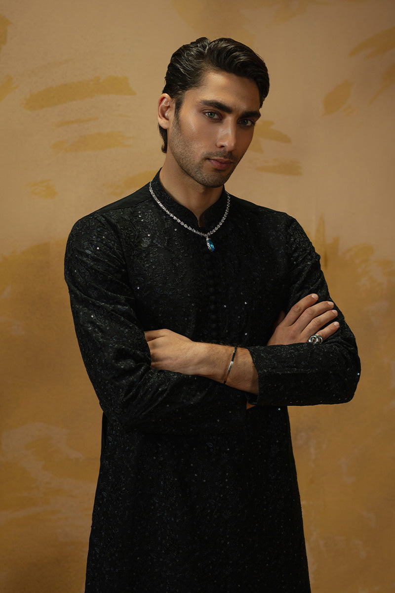 Black Embroidered Silk-Blend Kurta Pajama (2-Piece) - Image 5