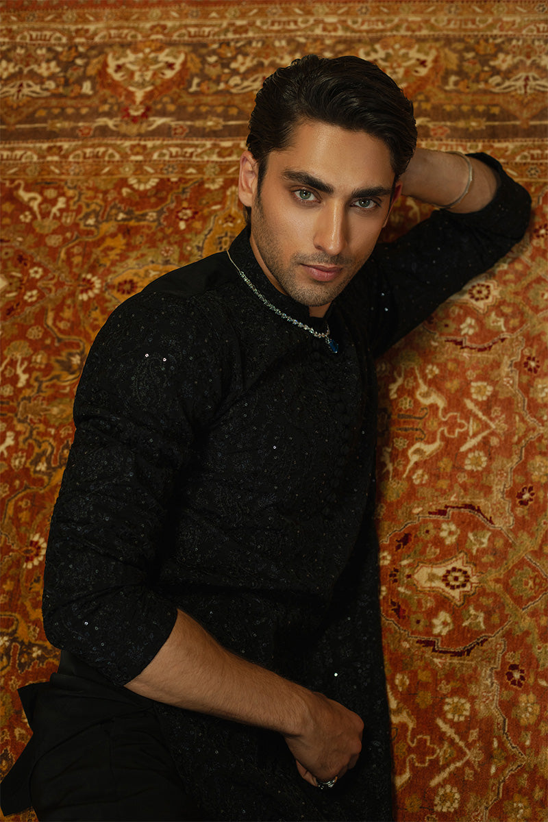 Black Embroidered Silk-Blend Kurta Pajama (2-Piece) - Image 8