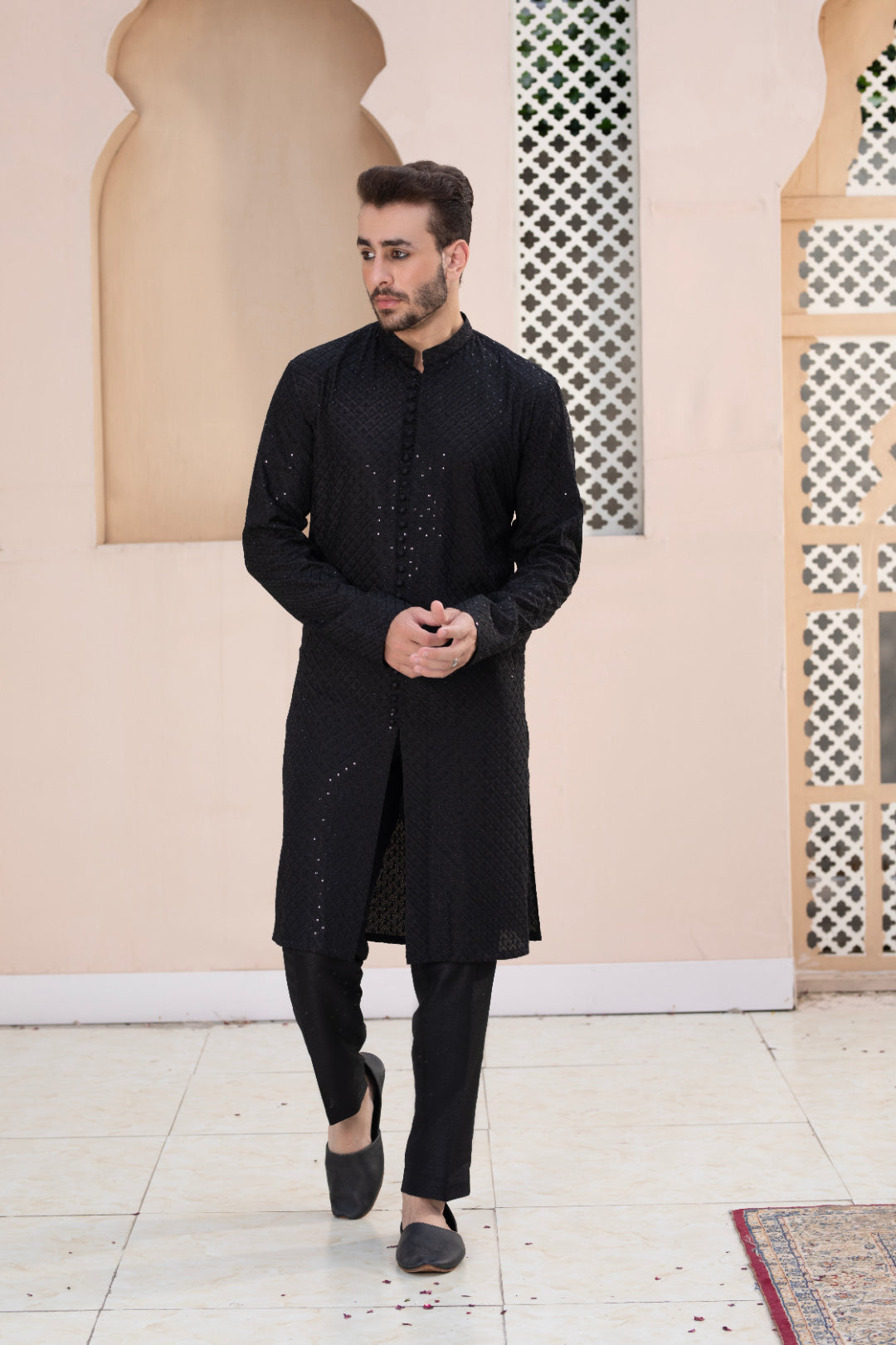 Black Embroidered Silk Kurta Pajama (2-Piece) - Image 1