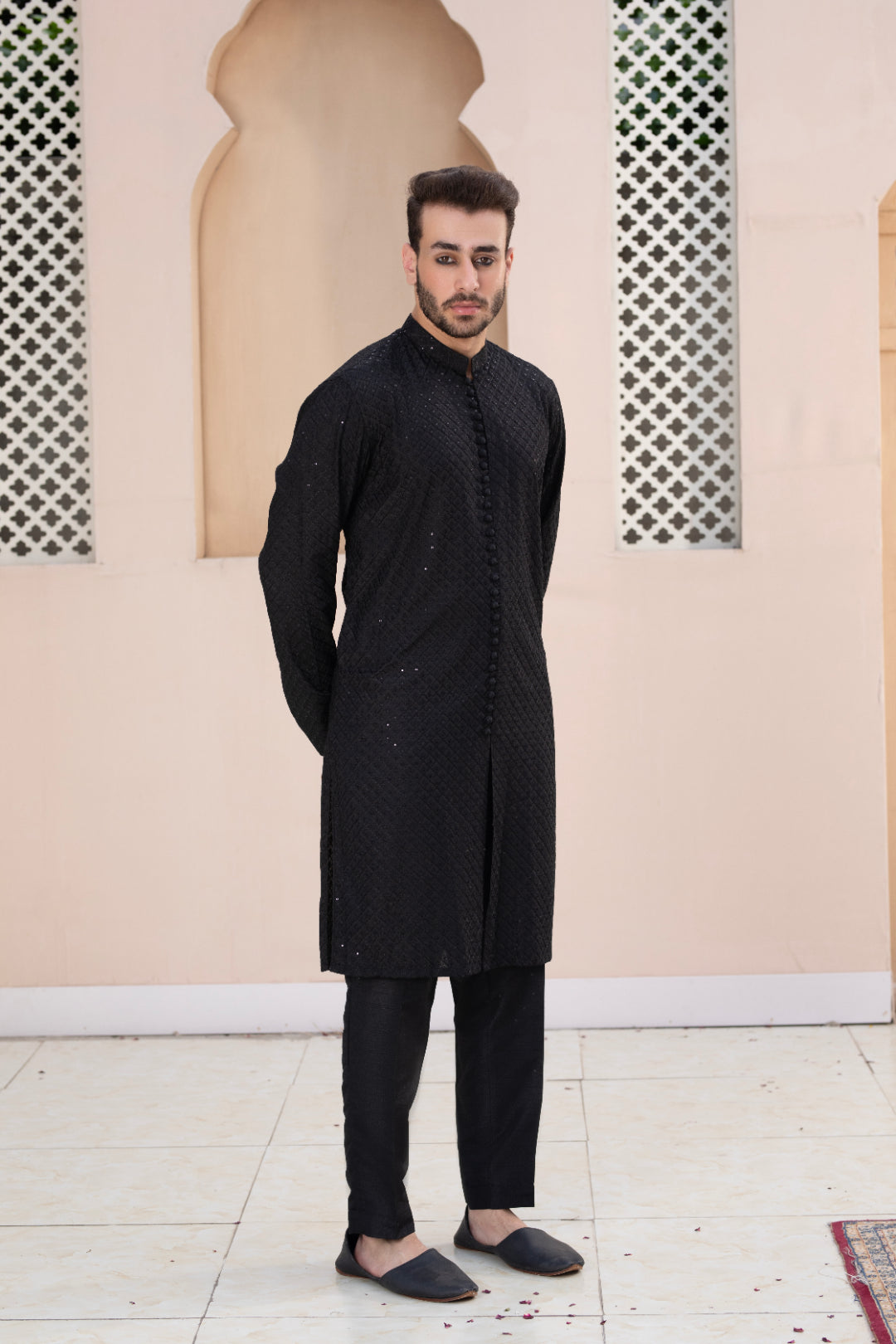 Black Embroidered Silk Kurta Pajama (2-Piece) - Image 2