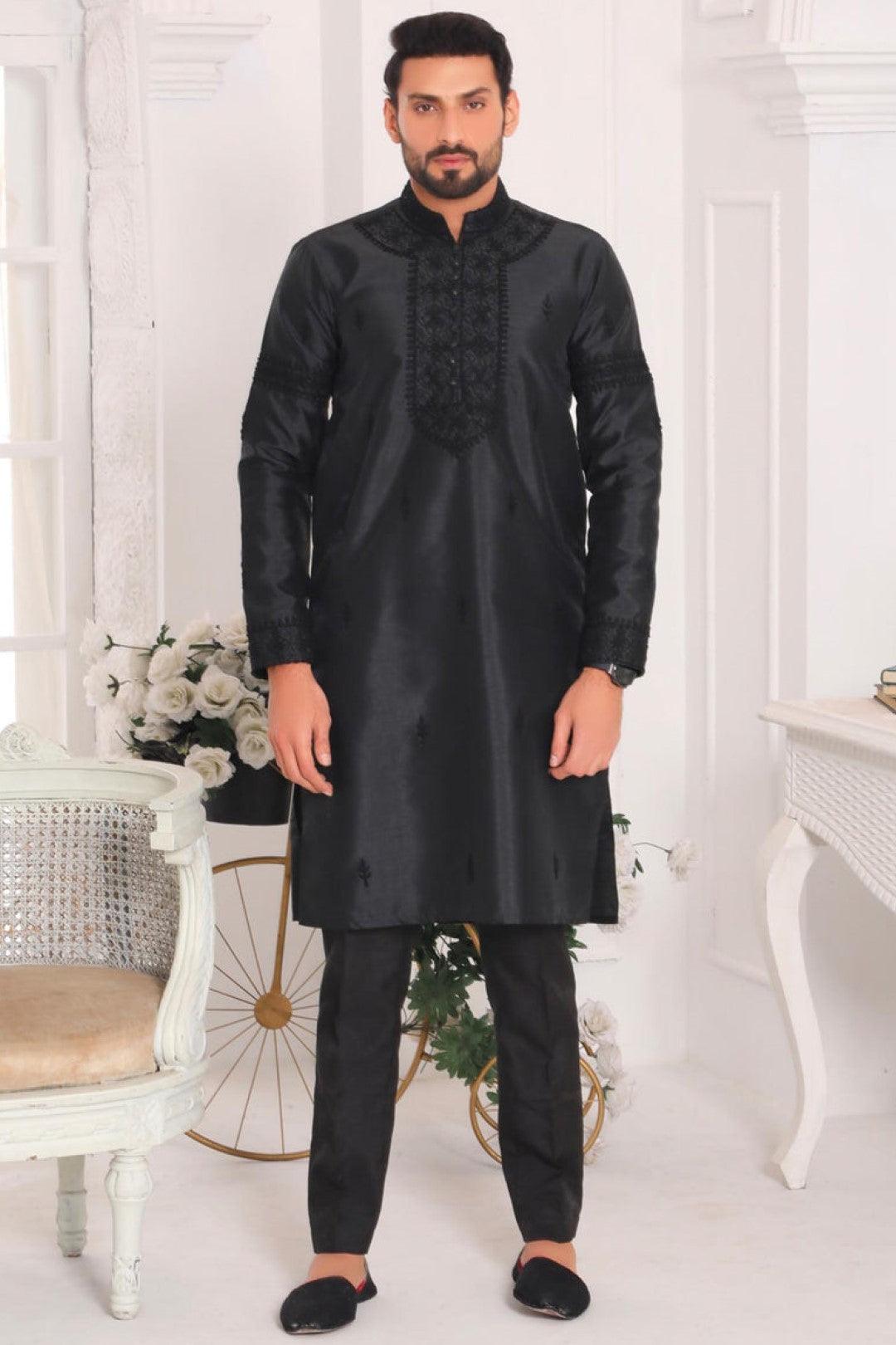 Black Embroidered Silk Kurta Pajama (2-Piece) - Image 1