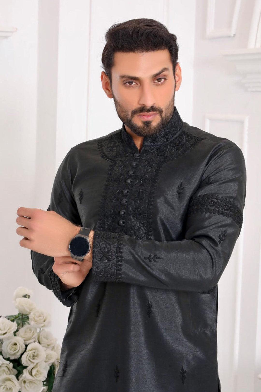 Black Embroidered Silk Kurta Pajama (2-Piece) - Image 2