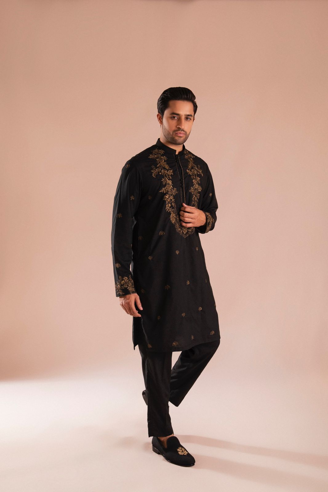 Black Copper Tilla Wash & Wear Kurta Pajama (2-Piece) - Image 3