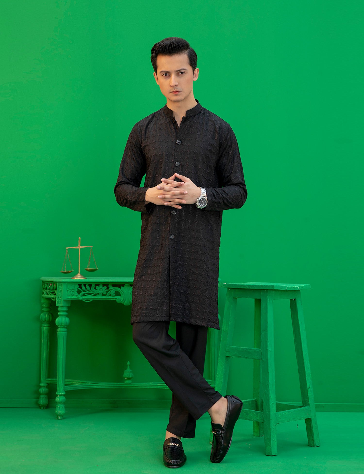 Black Embroidered Wash N Wear Kurta (2-Piece) - Image 1