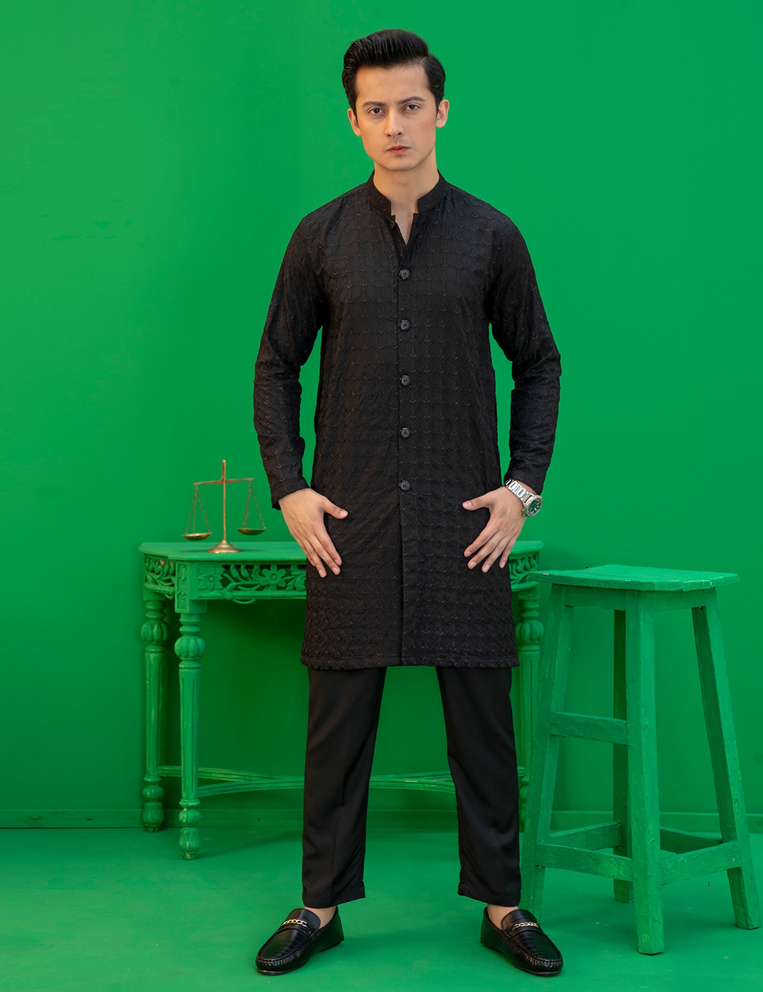 Black Embroidered Wash N Wear Kurta (2-Piece) - Image 2