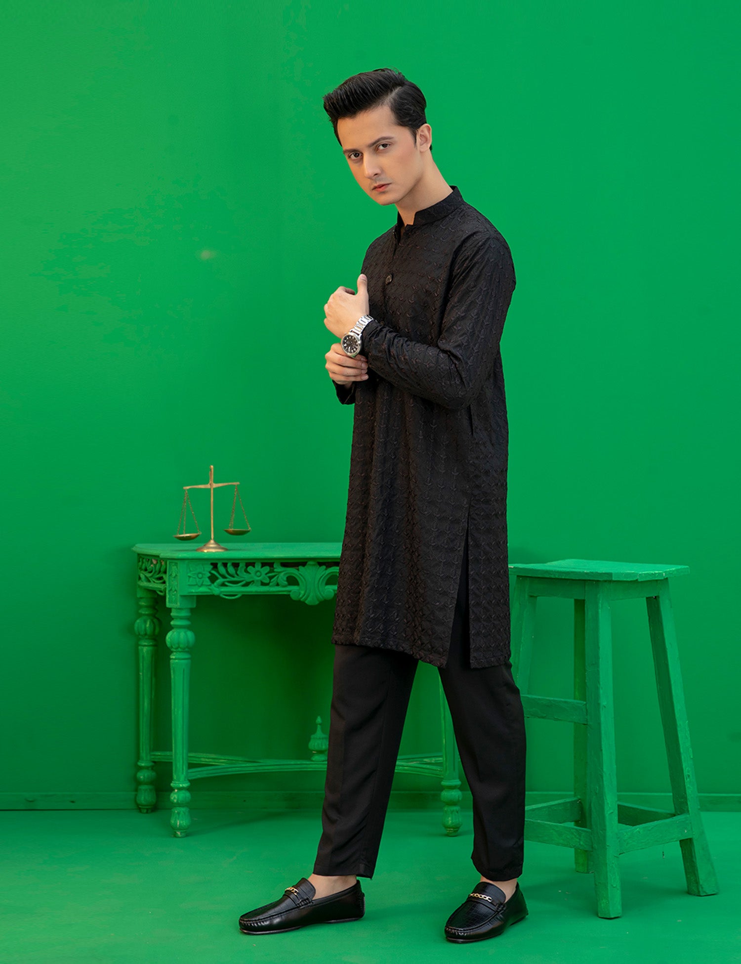 Black Embroidered Wash N Wear Kurta (2-Piece) - Image 3