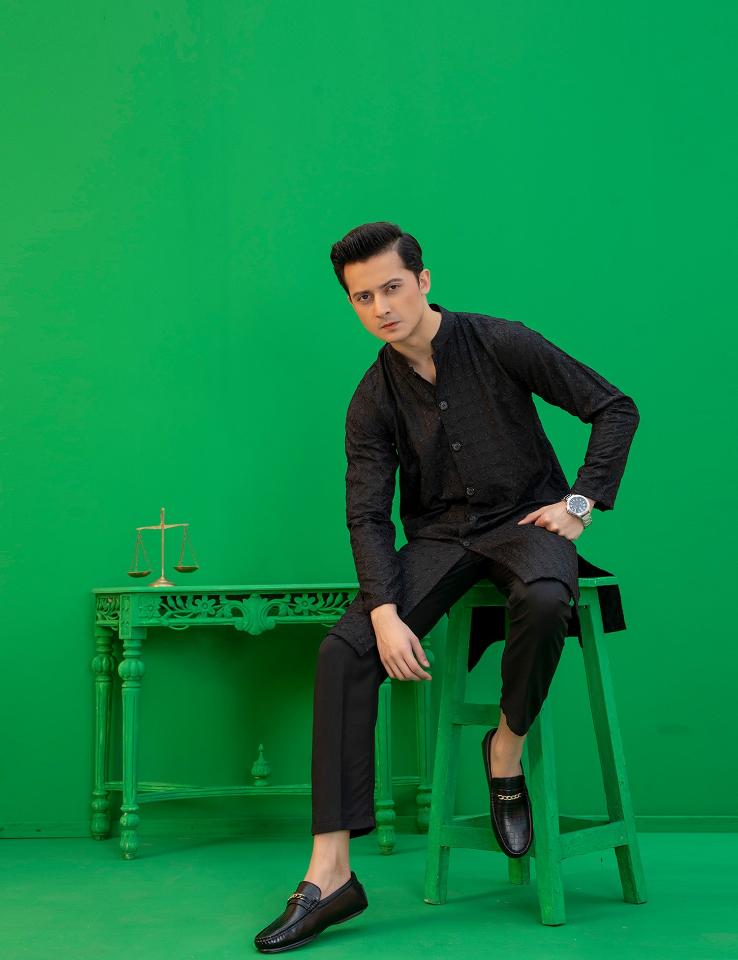 Black Embroidered Wash N Wear Kurta (2-Piece) - Image 4