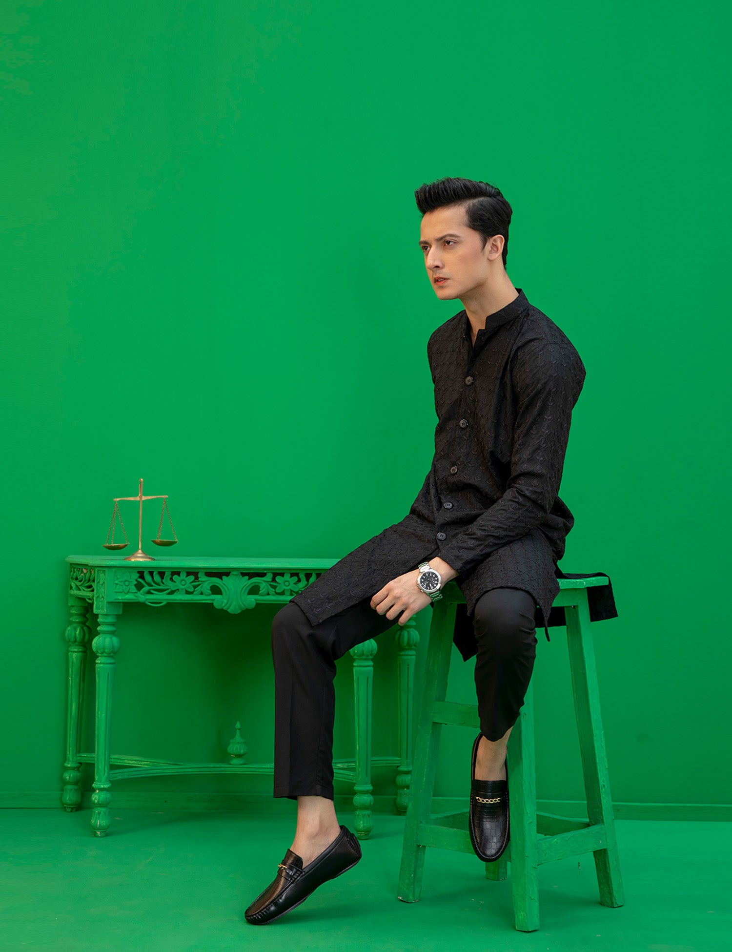 Black Embroidered Wash N Wear Kurta (2-Piece) - Image 5