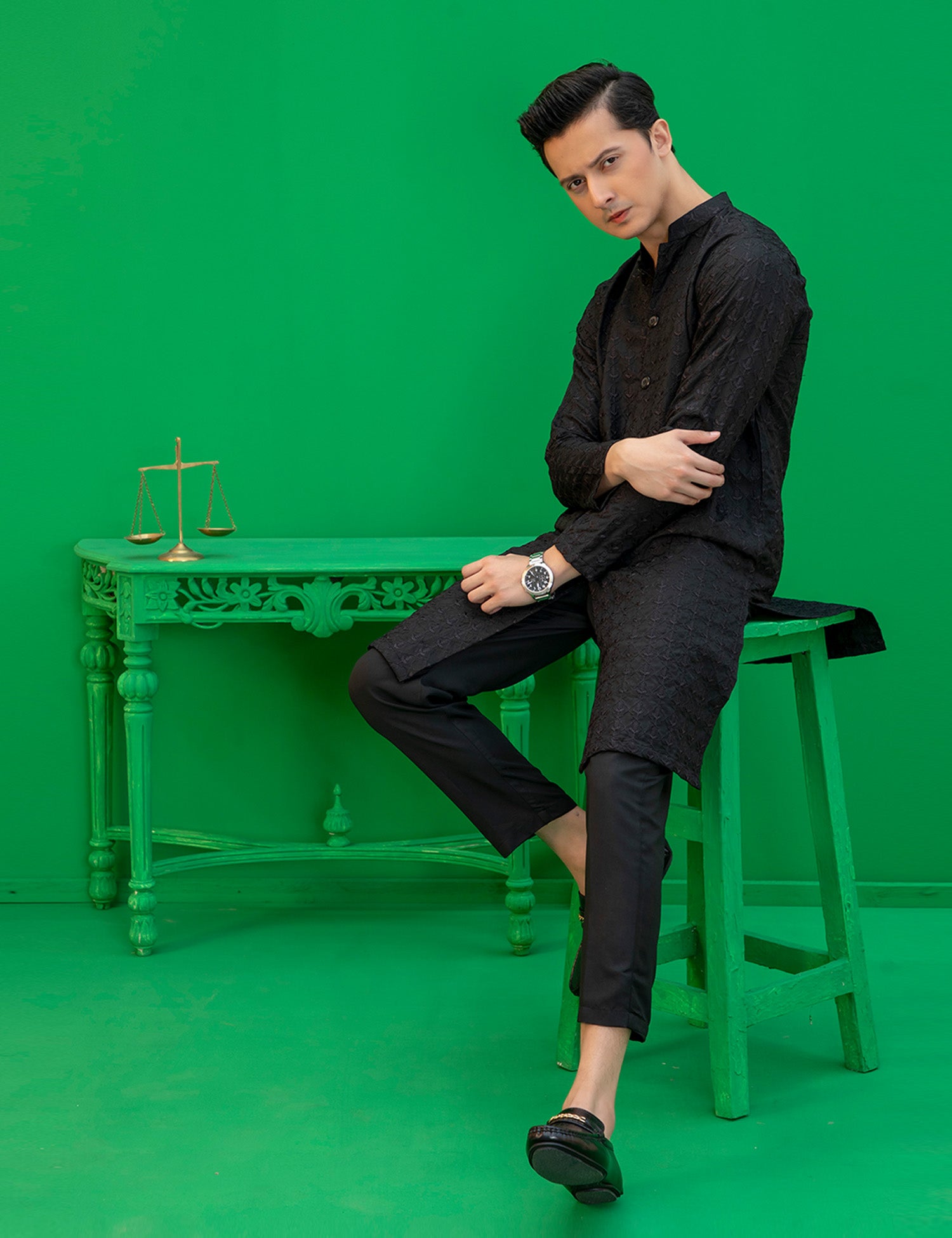 Black Embroidered Wash N Wear Kurta (2-Piece) - Image 6