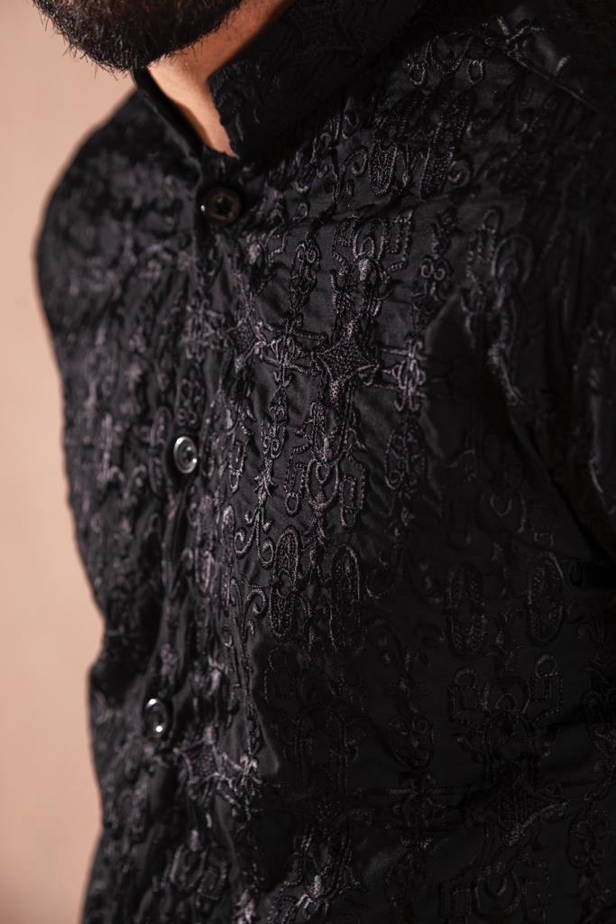 Black Embroidered Wash & Wear Kurta Pajama (2-Piece) - Image 2