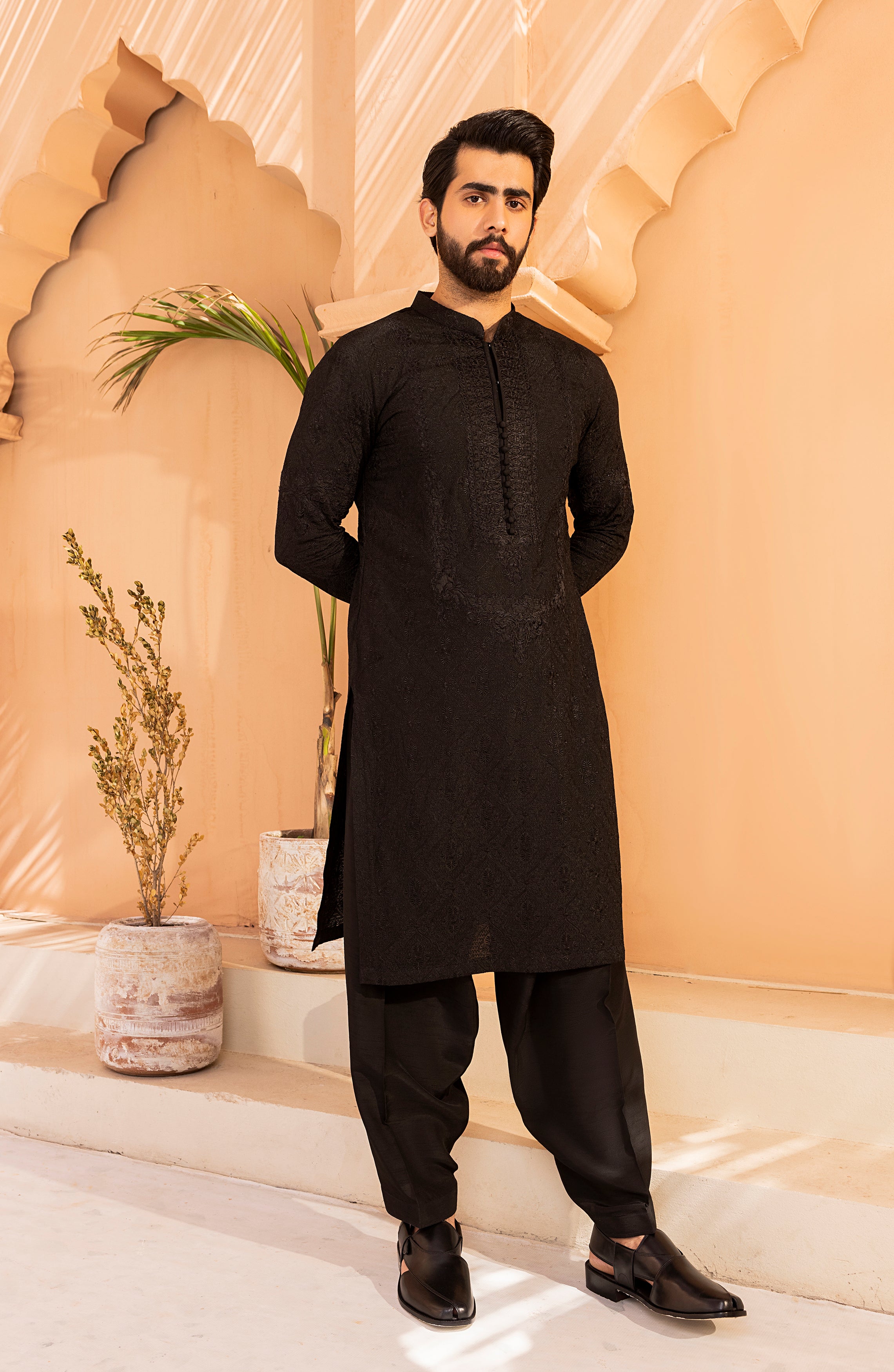 Black Jacquard Embroidered Kurta Shalwar (2-Piece) - Image 1